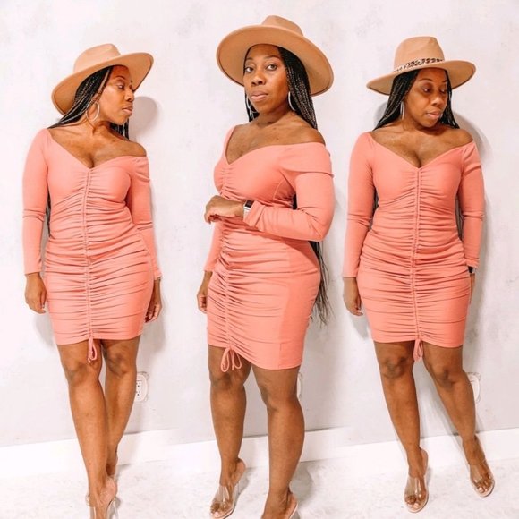 shopstylefinity.com Dresses & Skirts - (NWT) Ruched Ribbed Bodycon Dress - Salmon Pink
